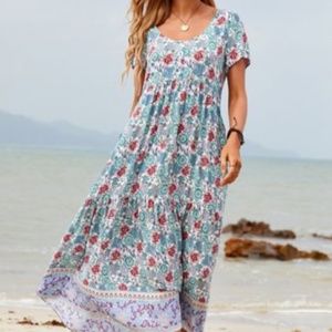 Blue, Green, Rose Floral Plus Size Maxi Dress